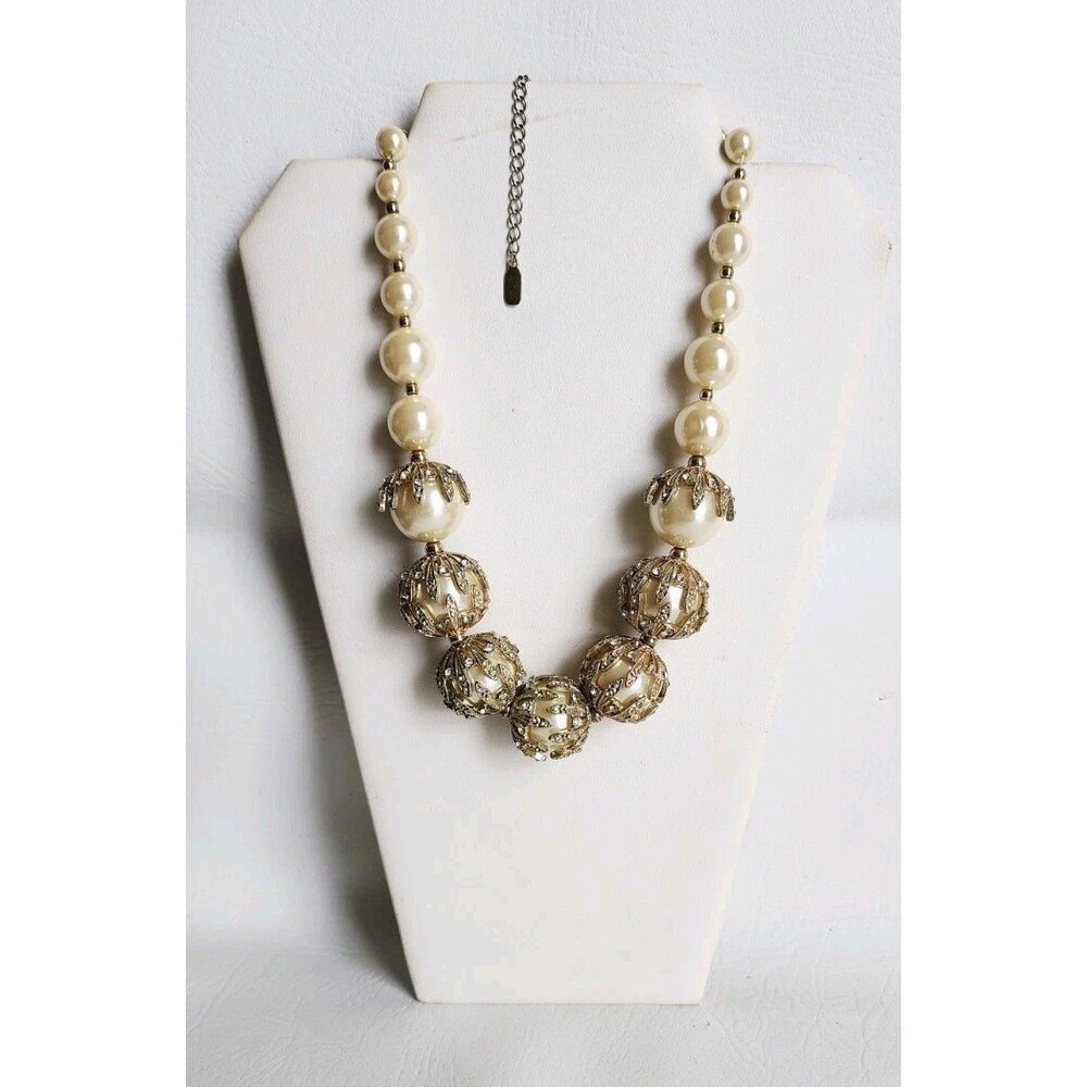Stunning Vintage Tasha Graduated Faux Pearl Rhinestones Statement Necklace